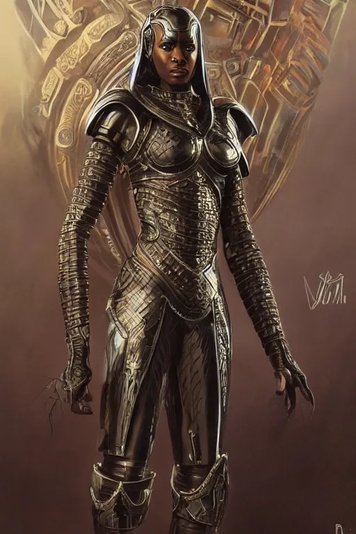 Image similar to ultra realistic illustration, wakandan warrior in clockpunk style armor from 1 9 3 2, sci - fi, fantasy, intricate, elegant, highly detailed, digital painting, artstation, concept art, smooth, sharp focus, illustration, art by artgerm and greg rutkowski and alphonse mucha