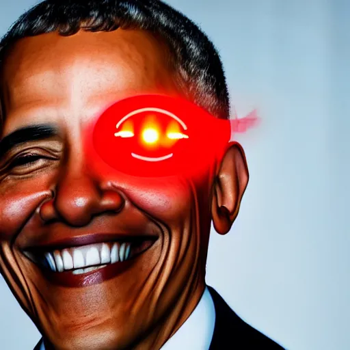 Prompt: smiling Obama eyes are red flashlight glowing eyes, hype realistic flames are burning behind Obama, 40nm lens, 4k,