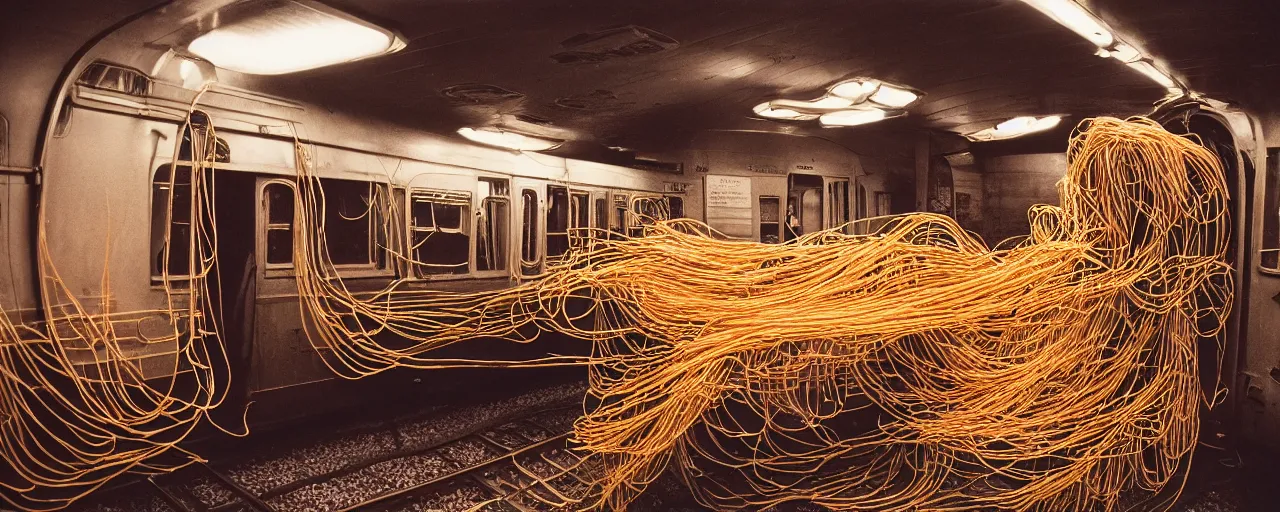 Prompt: train car covered in spaghetti, canon 5 0 mm, cinematic lighting, photography, retro, kodachrome film