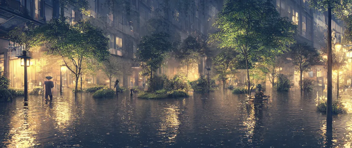 Prompt: raining at night at flooded miniature city, emotion is on the rise on the town, cute style garden, octane render, trees, evergreen, patio, garden, wet atmosphere, tender, soft light misty yoshitaka amano, and artgerm