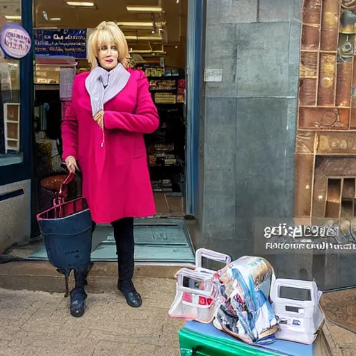 Image similar to a beautiful portait for joanna lumley selling eggs outside a co - operative store during world war 4, epic, beautiful, monumental, 4 k, mexican, victorian,