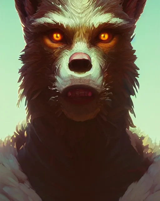 Image similar to highly detailed vfx portrait of a werewolf, unreal engine, greg rutkowski, loish, rhads, beeple, makoto shinkai and lois van baarle, ilya kuvshinov, rossdraws, tom bagshaw, alphonse mucha, global illumination, detailed and intricate environment