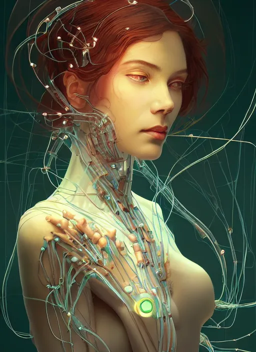 Image similar to beautiful woman, portrait, made of shapes, wires, tubes, veins, jellyfish, white bio - mechanical details, bionic cyborg implants, augments, masterpiece, intricate, biopunk, dramatic lightning, cyberpunk, by loish and makoto shinkai and lois van baarle and ilya kuvshinov and tom bagshaw and alphonse mucha