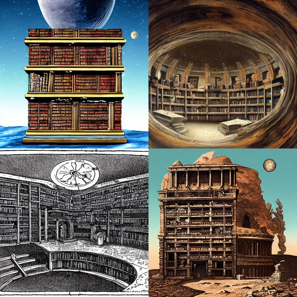 Prompt: Ancient roman library on the moon