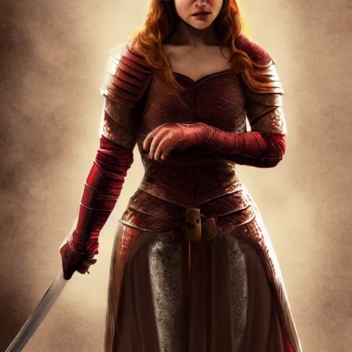 Image similar to emilia clarke, as a medieval fantasy character, with dark reddish hair, wearing light, silver armor and red clothing, tan complexion, holding a longsword, slightly smiling, noble, cinematic, gloomy, realistic, digital art, character art, 8 k