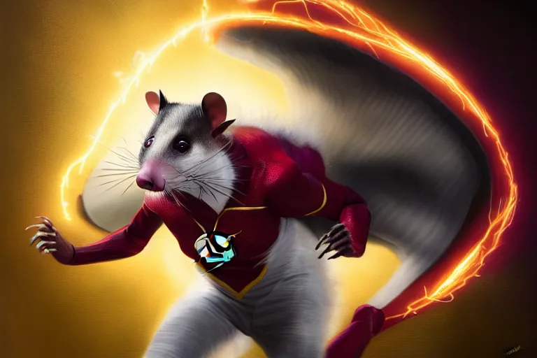 Image similar to a stunning digital painting of a opossum as the flash in spandex costume, running in the speedforce by greg rutkowski, volumetric light, digital art, fine detail, photorealistic