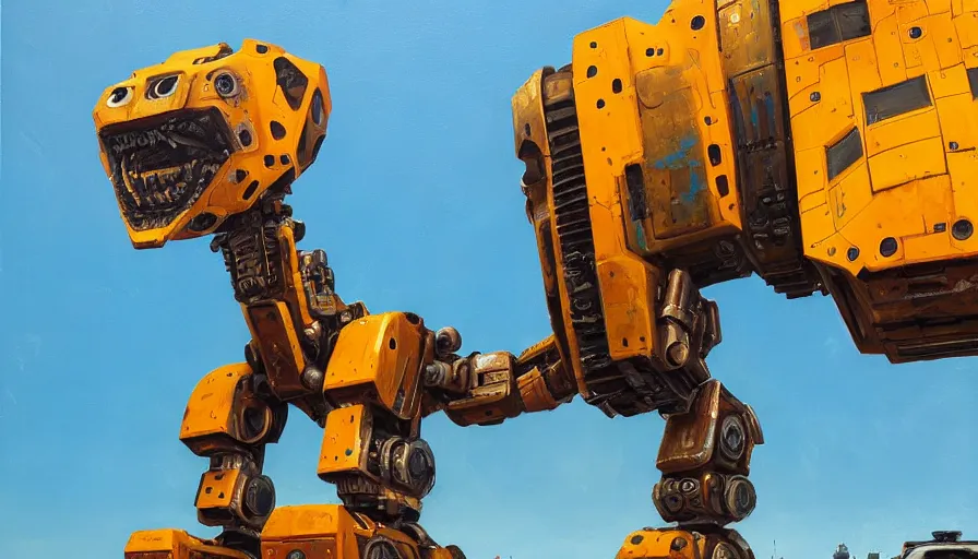 Image similar to an intricate oil painting of a giant south african armored cheetah shaped scrap metal mecha by simon stalenhag, yellow, orange and cyan paint decals