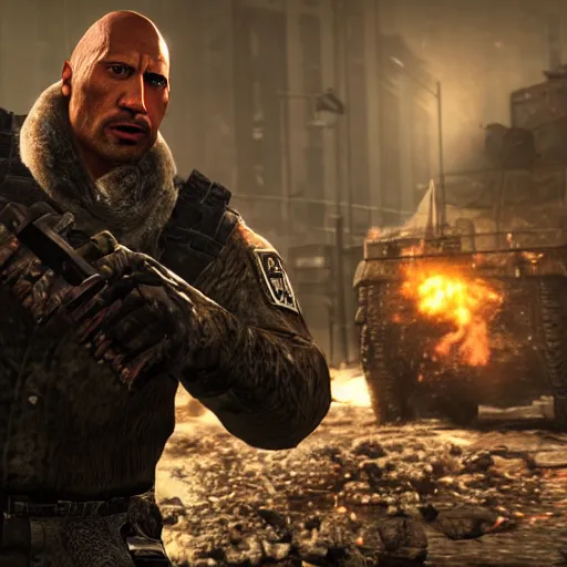 Image similar to dwayne the rock johnson, dwayne the rock johnson in the call of duty zombies map der reise, black ops 2 der reise, screenshot