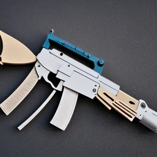 Prompt: a working ak - 4 7, 3 d printed using black and blue filament. 8 5 mm lens, f 1. 8.