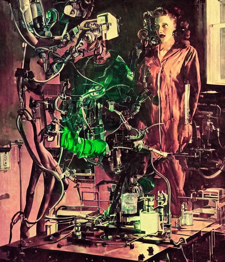 Image similar to a female mad scientist building a robot man, in a darkly lit laboratory room, 1 9 5 0 s horror movie poster style, norman rockwell oil painting, tight shot, close - up shot, retro science fiction, vintage, saturated pink and green lighting, shadowy lighting, cohesive