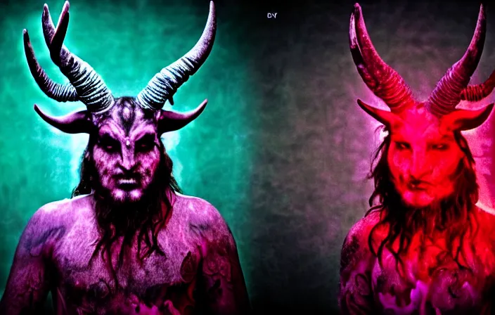 Prompt: dark mythology horned god, psycho stupid fuck it insane, looks like horns but cant seem to confirm, cinematic lighting, psychedelic photoluminescence experience, various refining methods, micro macro autofocus, ultra definition, award winning photo, to hell with you, devianart craze, photograph taken by michael komarck