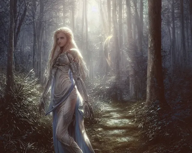 Image similar to 5 5 mm portrait photo of an armored holy angelic wolf with blue eyes and looking at the camera, glowing with holy lights, in a magical forest. magical atmosphere. art by greg rutkowski and luis royo. highly detailed 8 k. intricate. lifelike. soft light. nikon d 8 5 0.