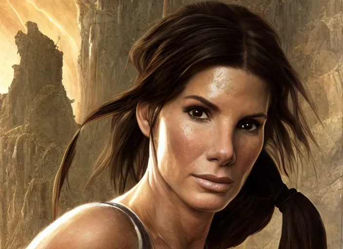 Image similar to face portrait of concentrated young Sandra Bullock as Lara Croft with pig-tails entering an incredible epic ruin, glorious sun beams, intricate, elegant, highly detailed, digital painting, short focus, illustration, Allan Lee, John Howe