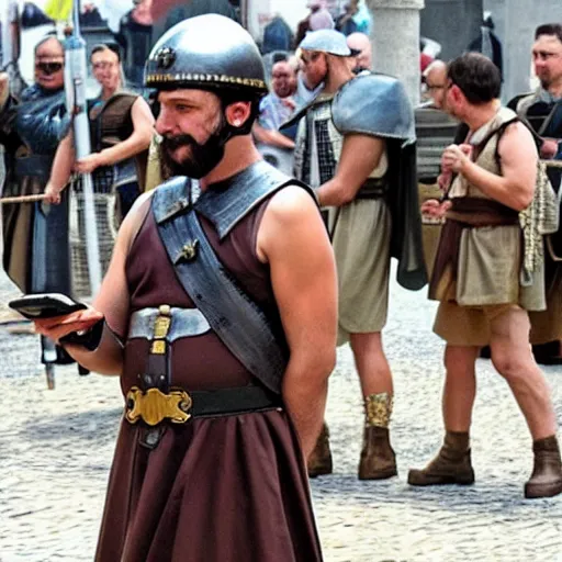 Image similar to photo of a Roman soldier checking his smartphone