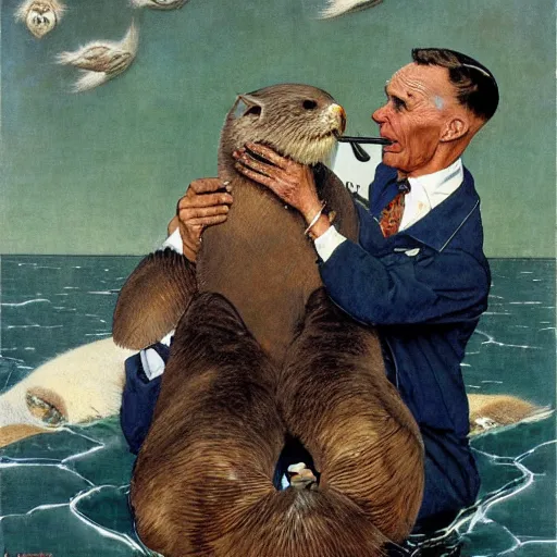 Image similar to a Norman Rockwell painting of a humanoid sea otter dentist