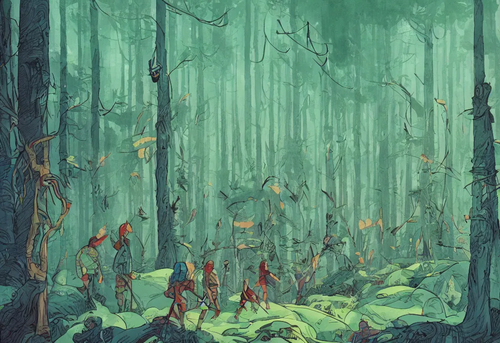 Image similar to handmade illustration of a big forest, line art, ink, RobinHood and his crew among the trees, watercolor by Kilian Eng and by Jake Parker, winning-award masterpiece, fantastic, octane render, 8K HD Resolution, High quality image