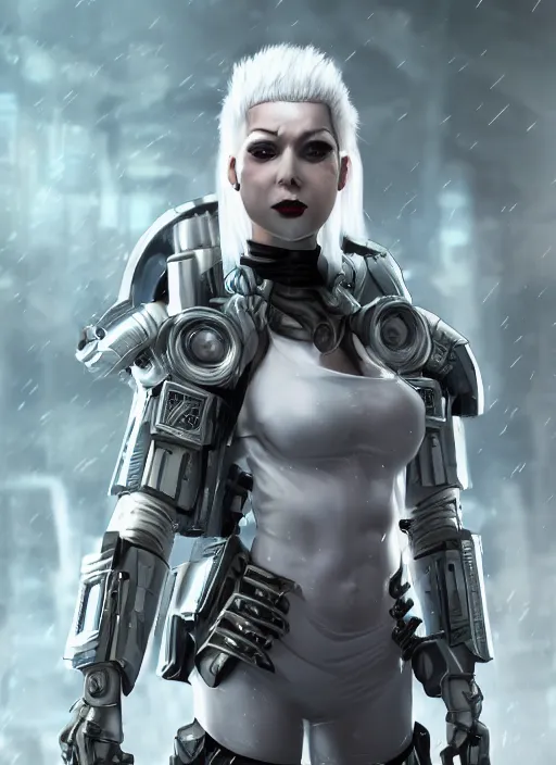 Prompt: An epic fantastic realism comic book style portrait painting of a female cyber warrior, dieselpunk armor, white hair, porcelain pale skin, cyberpunk color raining tokyo everywhere, Concept world Art, unreal 5, DAZ, hyperrealistic, octane render, cosplay, RPG portrait, dynamic lighting