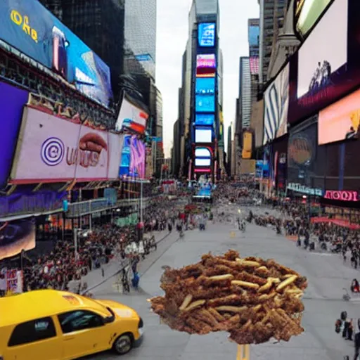 Image similar to news footage of the great hamburger meteor crash site in Times Square, high resolution photo