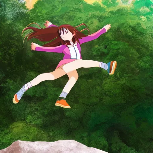 Prompt: adventurous anime girl jumping off a cliff, big smile on her face, low angle, in the style of studio ghibli