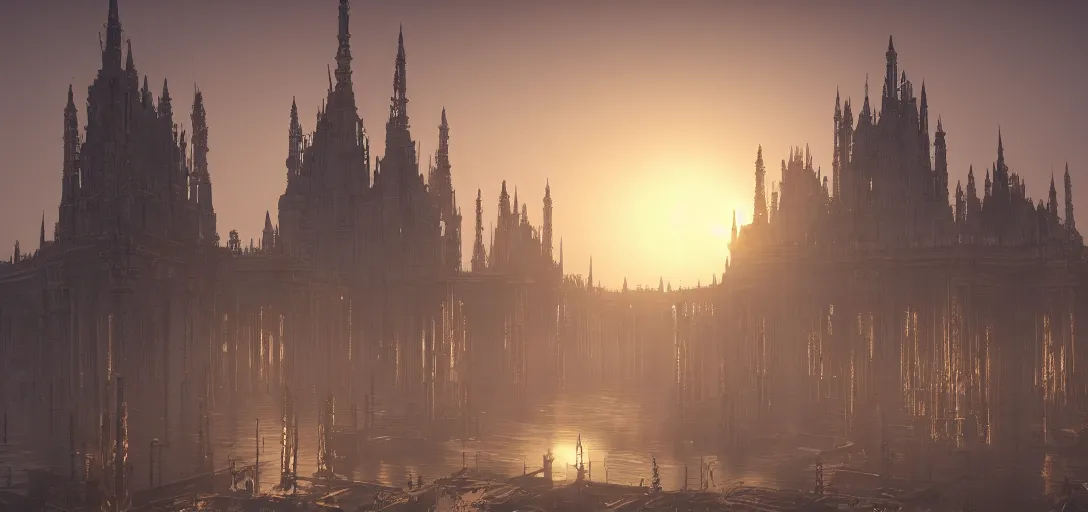 Prompt: A palace with a thousand long, thin spires of metal. Sunset. Thick atmosphere of fog. 4K. Many intrincate details.