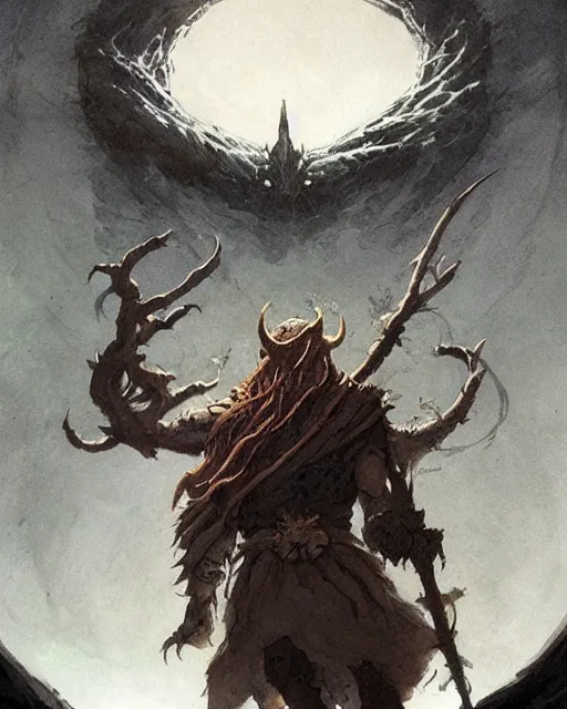 Image similar to a druid standing in a circle at the beginning of the world by greg rutkowski and frank frazetta and peter mohrbacher and marc silvestri