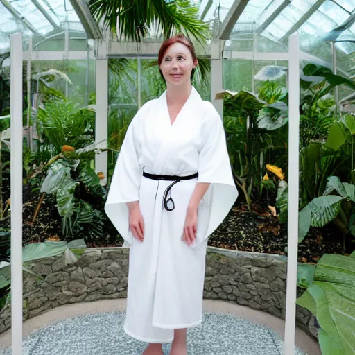 Prompt: close photo portrait of a pale skin woman wearing a white kimono in a tropical greenhouse