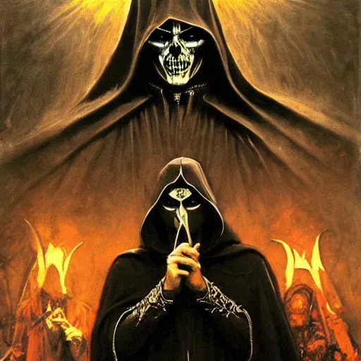 Image similar to dante's inferno, with people in black hooded tunic like in the film eyes wide shut of stanley kubrick, illuminati symbol, crows, skeletons, crosses, dark beauty, rotten gold, perfect faces, extremely detailed. highly detailed painting by gaston bussiere, craig mullins j. c. leyendecker 8 k