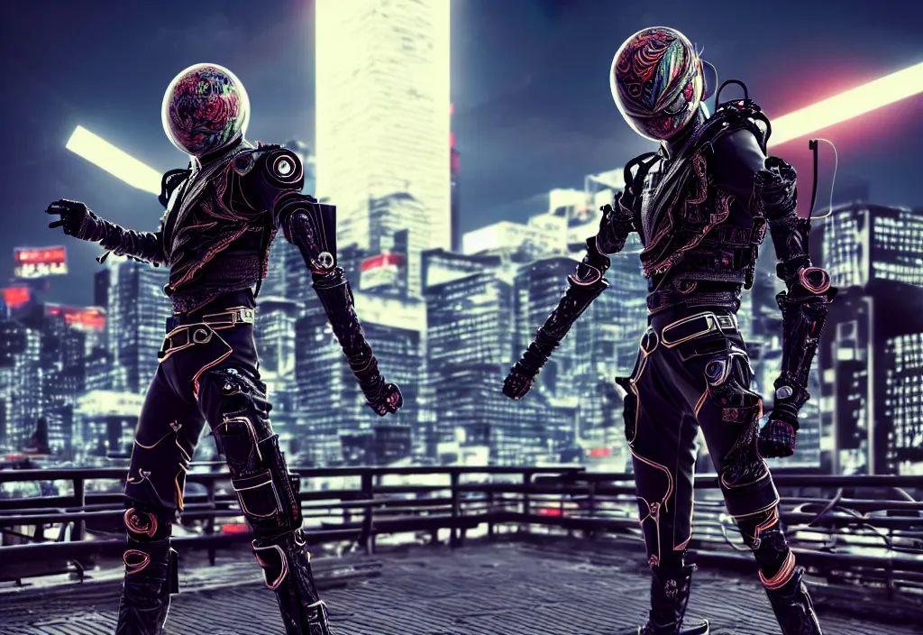 Image similar to huge belted, kamen rider dynamic pose, human structure concept art, human anatomy, full body hero, intricate detail, hyperrealistic art and illustration by a. k. a limha lekan a. k. a maxx soul and alexandre ferra, global illumination, blurry and sharp focus, on future tokyo night rooftop, frostbite engine