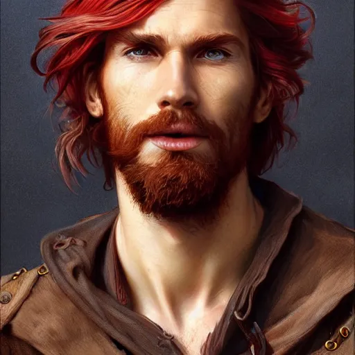 Prompt: portrait of a young ruggedly handsome but joyful pirate, male, masculine, upper body, red hair, long hair, d & d, fantasy, piercing gaze, sharp features, intricate, elegant, highly detailed, digital painting, artstation, concept art, matte, sharp focus, illustration, art by artgerm and greg rutkowski and alphonse mucha