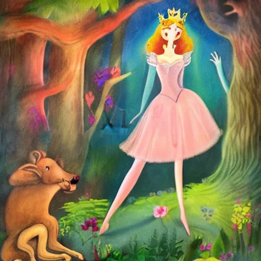 Prompt: A beautiful body art of Princess Aurora singing in the woods while surrounded by animals. She looks so peaceful and content in the company of the animals, and the colors are simply gorgeous. by Victor Adame Minguez, by Alice Rahon