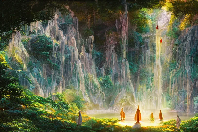 Image similar to still from the lord of the rings movie rivendell, 4 k digital paint by studio ghibli hayao miyazaki. vivid colours, vaporwave lighting style, very sharp and detailed. trending on artstation and behance.