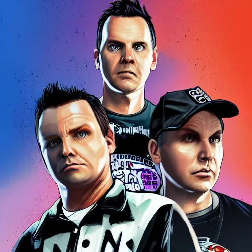 Prompt: Mark Hoppus, Tom DeLonge, Travis Barker of blink-182 in GTA V, cover art by Stephen Bliss, artstation