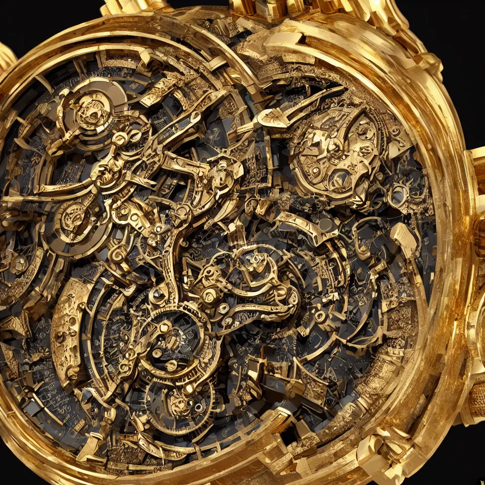 Image similar to Highly detailed digital art of a steampunk watch made of gold and nebula, ArtStation, Unreal Engine, 4K