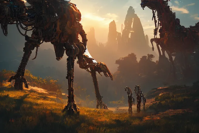 Image similar to tallneck machine mecanical creature robot of horizon forbidden west horizon zero dawn radiating a glowing aura global illumination ray tracing hdr fanart arstation by ian pesty and alena aenami artworks in 4 k