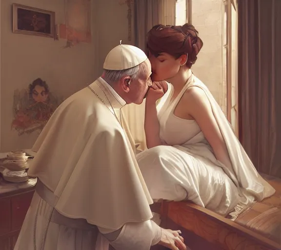 Image similar to photography of a pope kissing a sensual woman in a bedroom, deep focus, elegant, highly detailed, digital painting, artstation, concept art, matte, sharp focus, illustration, art by artgerm and greg rutkowski and alphonse mucha