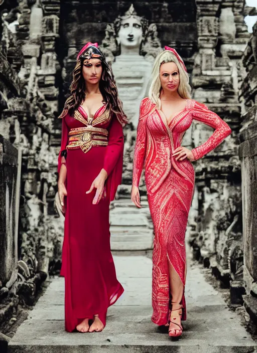 Prompt: portrait of gal gadot and lindsey pelas wearing kebaya in bali temple, by charlotte grimm, natural light, detailed face, beautiful features, symmetrical, canon eos c 3 0 0, ƒ 1. 8, 3 5 mm, 8 k, medium - format print, half body shot