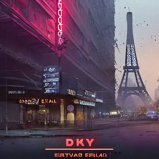 Image similar to A beautiful intricate 8K award-winning ground-level cinematic movie photograph of the future destroyed and decaying neon Eiffel Tower surrounded by corporate billboards. in the year 2043, by Bruno Delbonnel and greg rutkowski. Arri Alexa 65, IMAX 70mm footage. Dirty billboards. Cinematic lighting