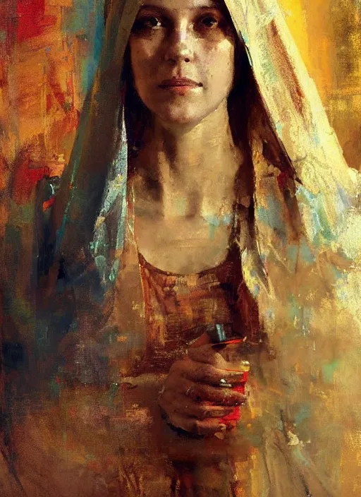 Image similar to portrait of the Virgin Mary wearing golden robes by Jeremy Mann, intricate, warm tones, vivid colors, detailed, stylized, loose brush strokes, looking askance