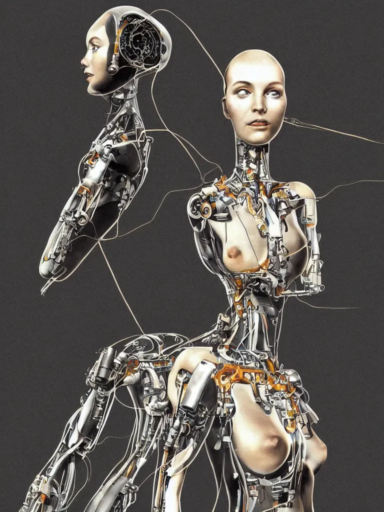 Image similar to science - fiction concept art digital drawing, by chris foss and chris moore and vincent di fate, of a beautiful cybernetic cyborg woman mannequin, with part biological eyes and heart, and exposed wiring, diagonal mid shot of head and torso, she has a sombre expression on her face