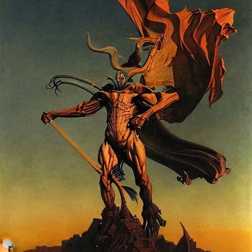 Image similar to portrait of immense, majestic, surreal, terrifying drak fantasy goblin standing triumphant over the city, perfectly clear face, by j. c. leyendecker, bosch, and beksinski