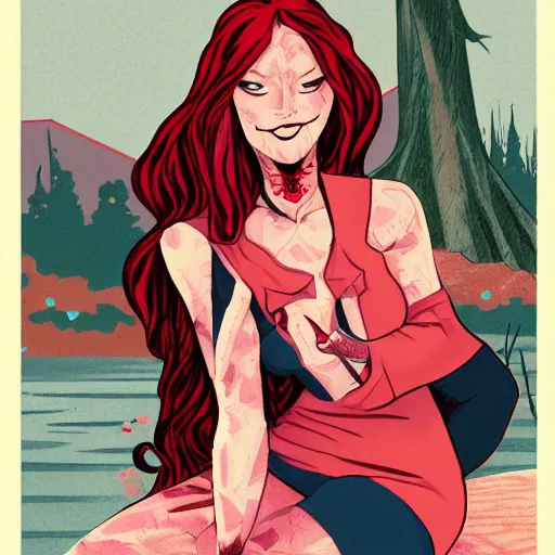 Prompt: a beautiful comic book illustration of a vampire woman with long red hair sitting near a lake at night by chip zdarsky, featured on artstation