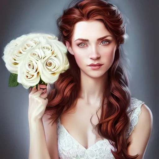 Image similar to portrait of a gorgeous woman holding a bouquet of roses in the style of stefan kostic, auburn hair, realistic, sharp focus, intricate, white dress, elegant, insanely detailed, 8 k high definition, art by artgerm, mark hill