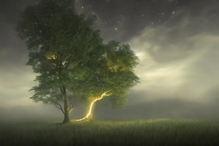 Prompt: masterpiece painting, a big owl carved in an oak, fireflies cloud illuminating the oak forest at night, cloud spiral movement, peaceful scene, light fog, 8 k octane render, atmospheric effects, by jean hugo, motion blur, artstation, deviantart