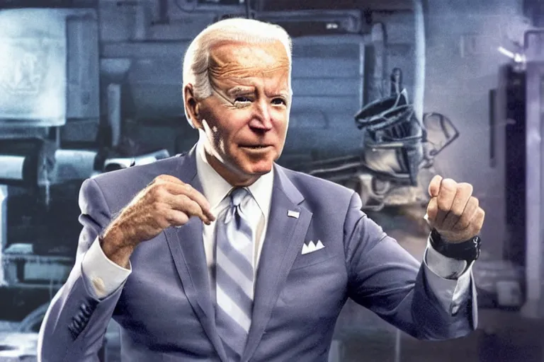 Prompt: joe biden inflating inflation, in 2 0 5 5, y 2 k cybercore, industrial low - light photography, still from a ridley scott movie