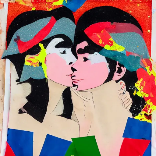 Prompt: two women kissing at a carnival, mixed media collage, retro, paper collage, magazine collage, acrylic paint splatters, bauhaus, claymation, layered paper art, sapphic visual poetry expressing the utmost of desires by junji ito