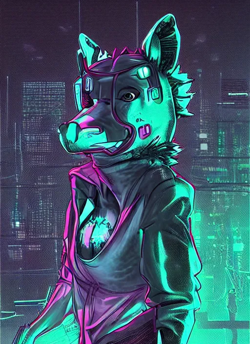 Prompt: digital drawing of anthromorphic hyena female drawn in cell shaded, fursona, furry fandom, neon rainy cyberpunk setting, anthro, wearing cyberpunk 2 0 7 7 jacket, detailed face,