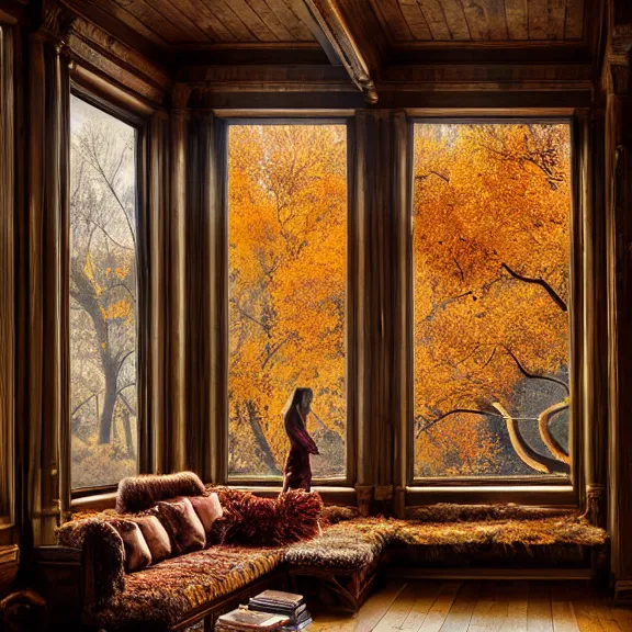 Prompt: fantastical living room with autumn chicago landscape in the window by marc adamus, beautiful dramatic lighting, overgrown with funghi, coat rack with coat hanging off, style by peter deligdisch, peterdraws