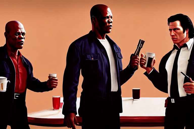 Image similar to painting pulp fiction movie highly detailed full - body samuel l jackson and john travolta posing in cafe, perfect symmetrical eyes, by eddie mendoza and tyler edlin, 8 k resolution, digital art, hyper realistic