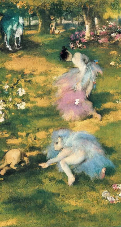 Prompt: oil painting of a Japanese baby girl crawling in a fancy garden, unicorn and fairy around, sunny day, art by Edgar Degas