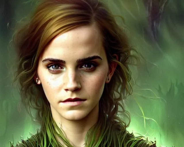 Prompt: mindblowing portrait of emma watson as a swamp witch, green colored skin!!, deep focus, d & d, fantasy, intricate, elegant, highly detailed, digital painting, artstation, concept art, matte, sharp, illustration, hearthstone, art by artgerm and greg rutkowski and alphonse mucha